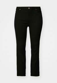 Schwarze, gerade geschnittene Jeans mit Knöpfen und Reißverschluss vorne, mit Taschen vorne und hinten, vor weißem Hintergrund präsentiert.