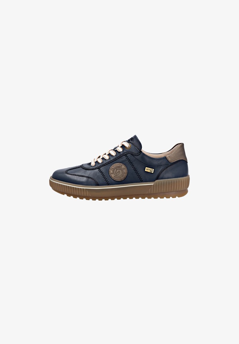 Navy leather sneaker with beige accents, round toe, stitched detailing, and textured rubber sole; features lace-up design and logo patch.