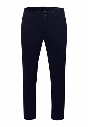Marineblauwe chino's met een slim fit, gemaakt van katoen twill. Beschikt over een ritssluiting en zijzakken, met een fijne textuur en minimale details.
