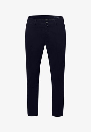 Navyblaue Chinos mit Slim-Fit, aus Baumwolltwill gefertigt. Mit einem Reißverschluss und Fronttaschen, mit einer glatten Textur und minimalen Details.