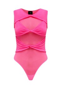 Body in rete rosa con design senza maniche, caratterizzato da dettagli a taglio e accenti di tessuto attorcigliato per un aspetto aderente.