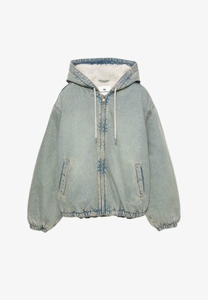 Lyseblå denim zip-up jakke med hætte, hvid fleeceforing, snoretræk, sidelommer og elastiske manchetter og kant.