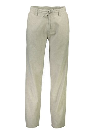 Lichtgrijze linnen broek met een relaxte pasvorm, elastische tailleband, trekkoordsluiting en rechte pijpen. Geen zichtbare patronen of accenten.
