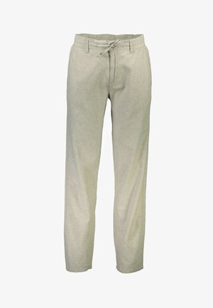 Pantalones de lino gris claro con un corte relajado, cinturilla elástica, cierre con cordón y perneras rectas. Sin patrones ni acentos visibles.