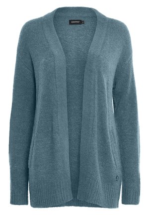 Cardigan azzurro chiaro in morbido tessuto testurizzato con davanti aperto, maniche lunghe e polsini a coste. Presenta un piccolo dettaglio del logo.
