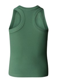 Top senza maniche verde a coste con scollatura rotonda e ampie aperture per le braccia, realizzato in un materiale elastico con una texture liscia.