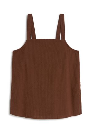 Braunes, strukturiertes ärmelloses Oberteil mit breiten Schulterriemen und quadratischem Ausschnitt, flach auf weißem Hintergrund ausgelegt.