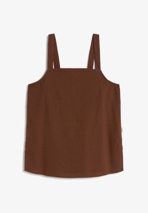 Braunes, strukturiertes ärmelloses Oberteil mit breiten Schulterriemen und quadratischem Ausschnitt, flach auf weißem Hintergrund ausgelegt.