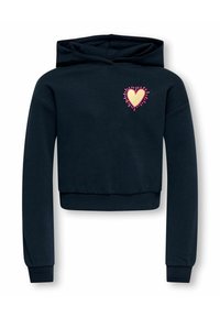 Navy blue cropped hoodie with a front heart graphic in yellow and pink. Features a drawstring hood and ribbed cuffs. Soft cotton material.