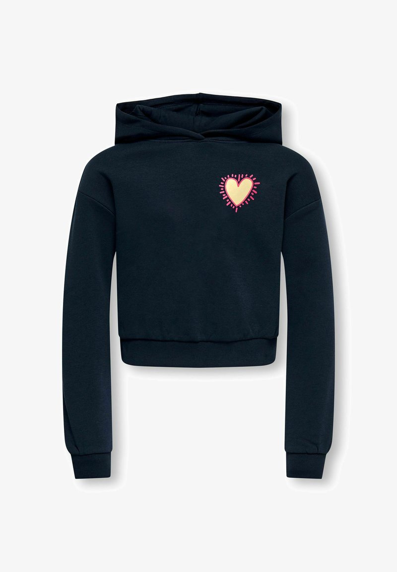 Navy blue cropped hoodie with a front heart graphic in yellow and pink. Features a drawstring hood and ribbed cuffs. Soft cotton material.