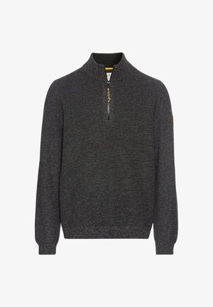 Szary sweter dziany z wysokim kołnierzem i pół zamkiem. Posiada prążkowane mankiety i dół, a także teksturowany wzór. Zawiera mały detal logo na rękawie.