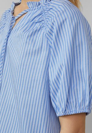Bluse mit blauen Streifen, kurzen Puffärmeln, Raffung am Ausschnitt und glatter Textur in einem lässigen Schnitt.