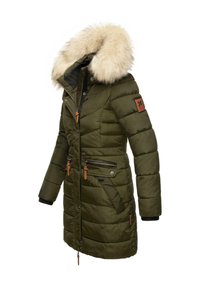 Padded parka in olive green with a detachable faux fur hood, zippered pockets, elastic cuffs, and contrast pull tabs on zippers.