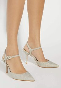 Silver slinky high-heeled slingback shoes with pointed toes, adorned with a glittery texture and an adjustable buckle strap.