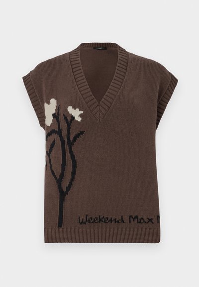 Braun gestrickter ärmelloser Pullover mit V-Ausschnitt, der ein schwarzes Blumenmuster und den Text "Weekend Max Mara" am Saum aufweist. Rippdetails.
