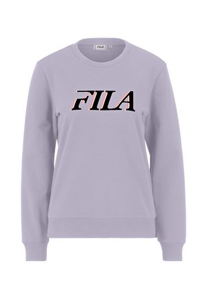 Lila sweatshirt met lange mouwen, geribde manchetten en zoom, met het zwarte "FILA" logo in het midden voorzien van rode contouraccenten.