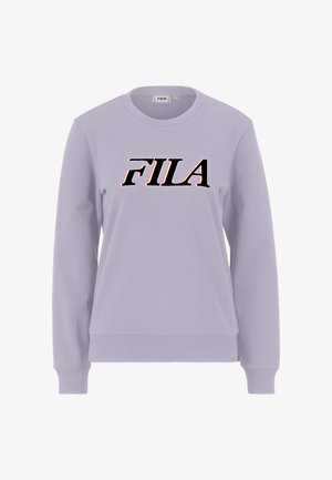 Lilac sweatshirt with long sleeves, ribbed cuffs and hem, featuring a black "FILA" logo in the center with red outline accents.