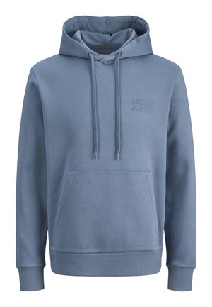 Niebieska bluza z kapturem, z przednią kieszenią kangur, sznurkami do regulacji, ściągaczami na rękawach oraz subtelnym logo "Jack & Jones" na lewej piersi.