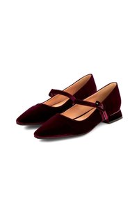 Par de zapatos Mary Jane de terciopelo burdeos con puntas afiladas, tacones bajos y bloques, y correas ajustables con hebillas sobre un fondo blanco.