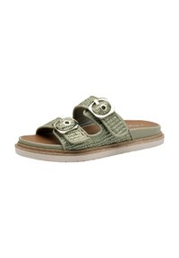 Green woven strap sandal with two large silver buckles, a cushioned footbed, and a light sole. Features a textured finish and open toe design.