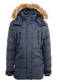 Chaqueta acolchada azul oscuro con capucha forrada de piel, detalles de bolsillos con cremallera y puños elásticos con cierres de presión. Diseño de tela texturizada.