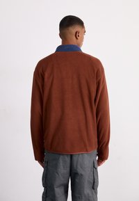 Pullover in pile marrone con colletto blu, dotato di maniche lunghe e orlo leggermente arrotondato. Design casual e testurizzato.