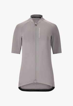 Lichtgrijs fietsjersey met korte mouwen, volledige ritssluiting aan de voorkant en "ENDURANCE" tekst op de borst en de zoom.