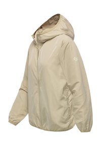 Béžová kapucňová bunda s hladkým, lesklým povrchom. Má plný predný zips, elastické manžety a bočné vrecká. Minimalistický dizajn, bez viditeľných log.