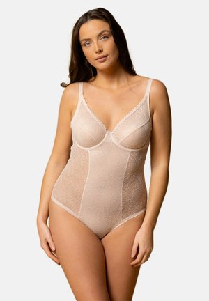 Bodysuit beige transparent avec un motif en dentelle florale, support sous-vêtements, bretelles ajustables et ourlet festonné le long de l'encolure et des bords.