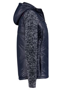 Granatowy kamizelka puchowa z kapturem, z teksturowanym rękawem z ciemnoszarej i białej przędzy, pikowany design oraz zamek błyskawiczny z przodu.