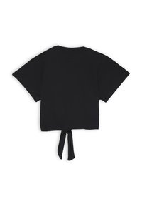 T-shirt nera cropped in cotone, con maniche corte, scollatura rotonda e dettaglio con nodo sul retro per la regolazione.