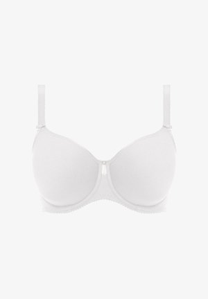 Valkoinen pehmustettu rintaliivi, jossa on sileä kangas, kehys tukea varten ja säädettävät olkaimet. Keskiosassa on pieni koriste-elementti.