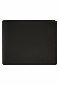 Black leather wallet with a smooth texture, bi-fold design, and embossed logo on the bottom right corner. Minimalist and sleek.