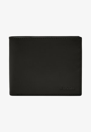 Black leather wallet with a smooth texture, bi-fold design, and embossed logo on the bottom right corner. Minimalist and sleek.