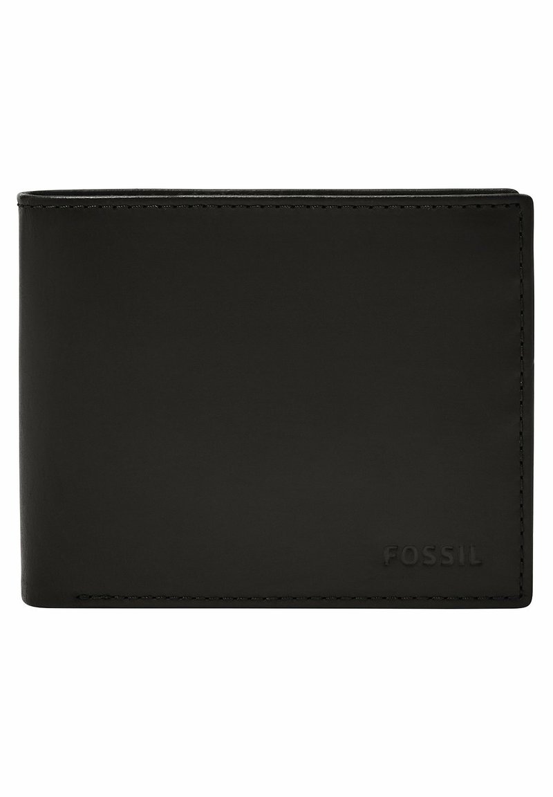 Black leather wallet with a smooth texture, bi-fold design, and embossed logo on the bottom right corner. Minimalist and sleek.