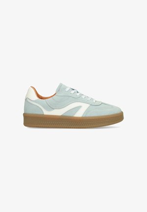 Light blue suede sneaker with white accents, white laces, tan interior lining, and textured brown rubber sole, side view on white background.