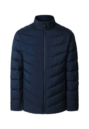 Chaqueta acolchada azul marino con cuello alto, cierre de cremallera y diseño de rombos acolchados. Presenta un pequeño logo en la zona izquierda del pecho.