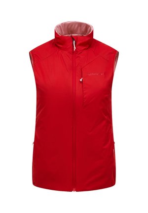 Rode mouwloze bodywarmer met hoge kraag, ritssluiting aan de voorkant en een ritssluiting borstzak aan de linkerkant.