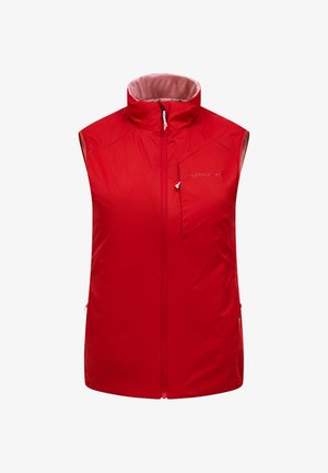 Rode mouwloze bodywarmer met hoge kraag, ritssluiting aan de voorkant en een ritssluiting borstzak aan de linkerkant.