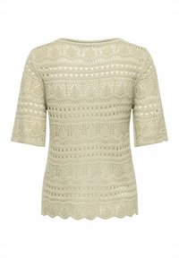 Haut en maille vert clair présentant un motif décoratif avec des mailles ajourées, des manches courtes et un ourlet festonné.