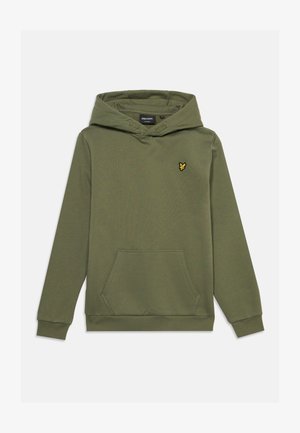 Khaki zielona bluza z kapturem, długimi rękawami, przednią kieszenią kangurzą oraz małym żółto-czarnym haftowanym logo na piersi.