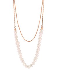 Collana a due strati con una fila di perle bianche rotonde e una delicata catena d'oro con un accento di perline.