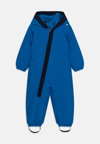 Salopette isolée bleue avec une fermeture éclair noire et une capuche, manches et jambes avec des poignets élastiques, dotée de détails en noir et de sangles aux pieds.