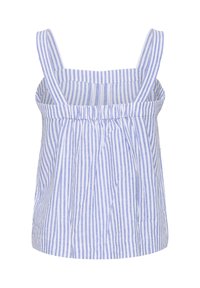 Jasnoniebieski i biały w paski bezrękawnik z marszczoną tali�ą i szerokimi ramiączkami. Wykonany z lekkiego materiału o luźnym kroju.