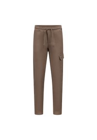 Bruine sweatpants gemaakt van zachte stof, met een trekkoord in de taille en een zijzak. Tapered ontwerp met een gladde textuur.
