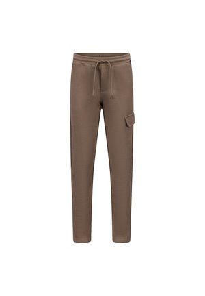 Bruine sweatpants gemaakt van zachte stof, met een trekkoord in de taille en een zijzak. Tapered ontwerp met een gladde textuur.