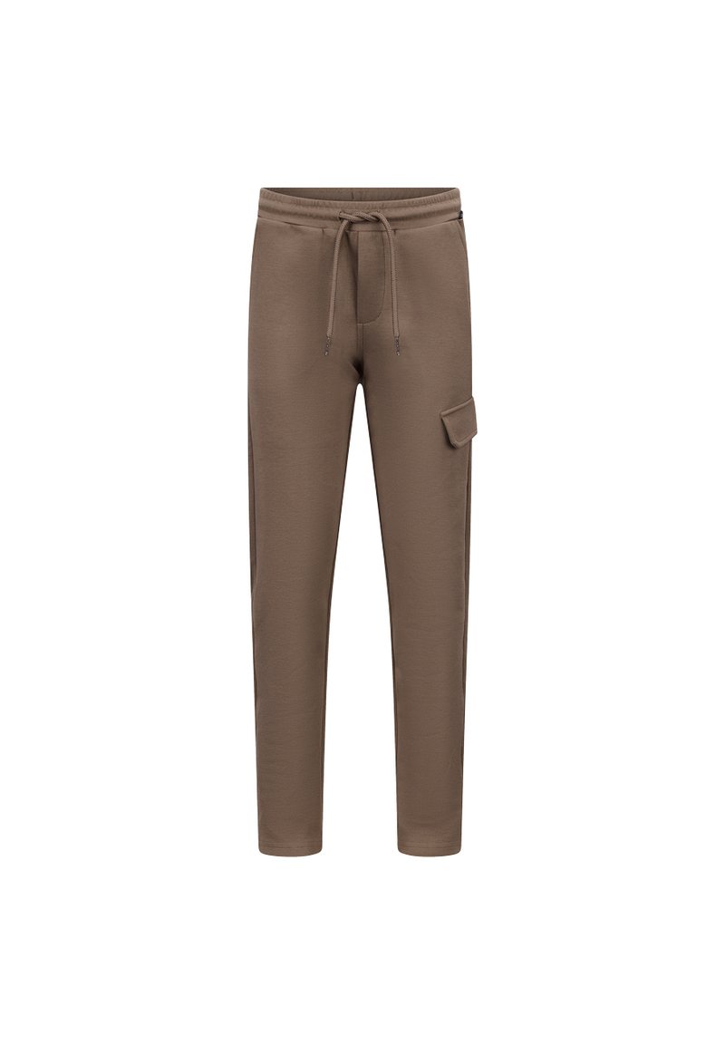 Bruine sweatpants gemaakt van zachte stof, met een trekkoord in de taille en een zijzak. Tapered ontwerp met een gladde textuur.