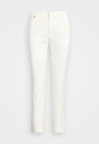 Vita skräddarsydda byxor med slim fit, med en mjuk textur, rena linjer och en liten gulddetalj vid midjan.