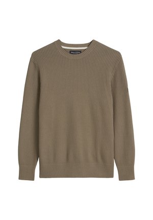 Pull marron à col rond et manches longues à côtes, avec une taille et des poignets ajustés, présenté sur un fond blanc.