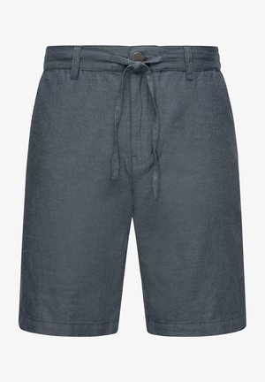Shorts en lin gris avec une taille élastique à cordon de serrage, fermeture à bouton sur le devant et coupe droite. Texture lisse et sans motifs visibles.